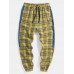 Mens Plaid Side Patchwork Drawstring Cotton Jogger Pants With Pocket