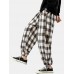 Mens Plaid Casual Drawstring Cuff Pants With Pocket