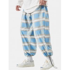 Mens Plaid Relaxed Fit Drawstring Cuff Pants With Pocket