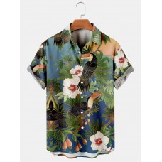 Men's Botanical Floral and Bird Print Casual Short Sleeve Hawaiian Shirt