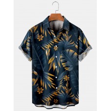 Men's Hawaiian Leaf Print Lapel Short Sleeve Shirt